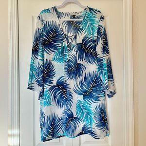 J Valdi Cover-Up Women’s XL Tropical Palm Print Blue Sheer Beach Resort Wear